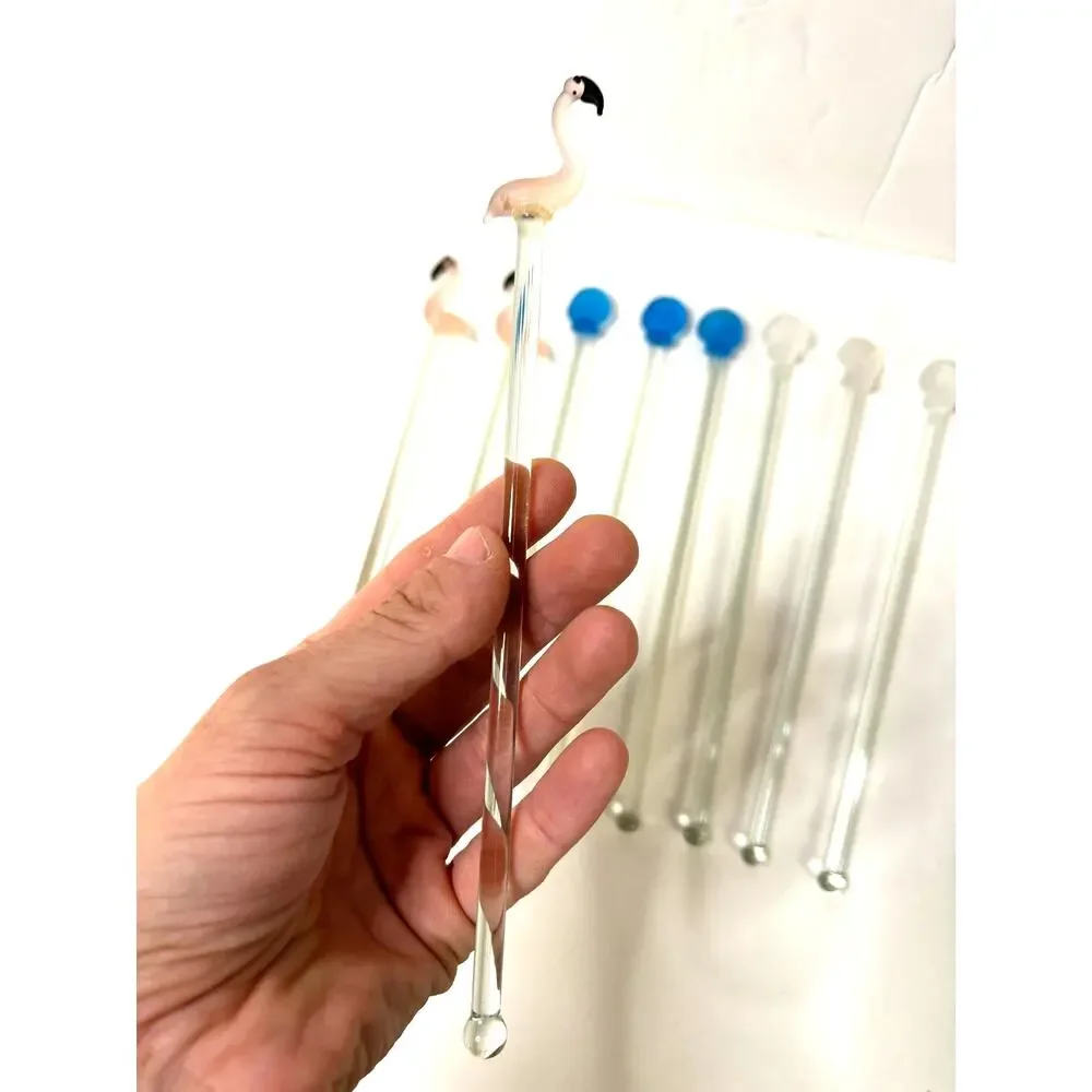 Set of 9 Hand Blown Glass Swizzle Sticks Cocktails Beach Flamingo Seashell Vntg